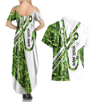 Custom Fishing Hook Couples Matching Summer Maxi Dress and Hawaiian Shirt with Green Jungle Leaf Pattern and White Split Design - Wonder Print Shop