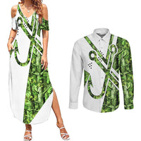 Custom Fishing Hook Couples Matching Summer Maxi Dress and Long Sleeve Button Shirt with Green Jungle Leaf Pattern and White Split Design - Wonder Print Shop