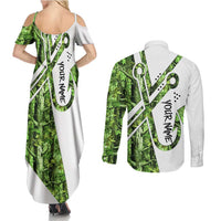 Custom Fishing Hook Couples Matching Summer Maxi Dress and Long Sleeve Button Shirt with Green Jungle Leaf Pattern and White Split Design - Wonder Print Shop