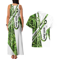 Custom Fishing Hook Couples Matching Tank Maxi Dress and Hawaiian Shirt with Green Jungle Leaf Pattern and White Split Design - Wonder Print Shop