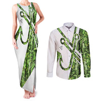 Custom Fishing Hook Couples Matching Tank Maxi Dress and Long Sleeve Button Shirt with Green Jungle Leaf Pattern and White Split Design - Wonder Print Shop