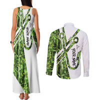 Custom Fishing Hook Couples Matching Tank Maxi Dress and Long Sleeve Button Shirt with Green Jungle Leaf Pattern and White Split Design - Wonder Print Shop