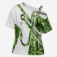 Custom Fishing Hook Cross Shoulder Shirt with Green Jungle Leaf Pattern and White Split Design - Wonder Print Shop