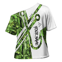 Custom Fishing Hook Cross Shoulder Shirt with Green Jungle Leaf Pattern and White Split Design - Wonder Print Shop