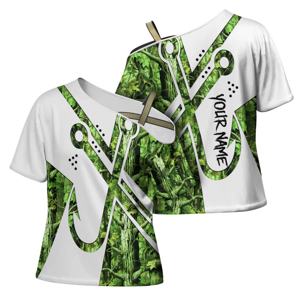 Custom Fishing Hook Cross Shoulder Shirt with Green Jungle Leaf Pattern and White Split Design - Wonder Print Shop