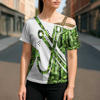 Custom Fishing Hook Cross Shoulder Shirt with Green Jungle Leaf Pattern and White Split Design - Wonder Print Shop