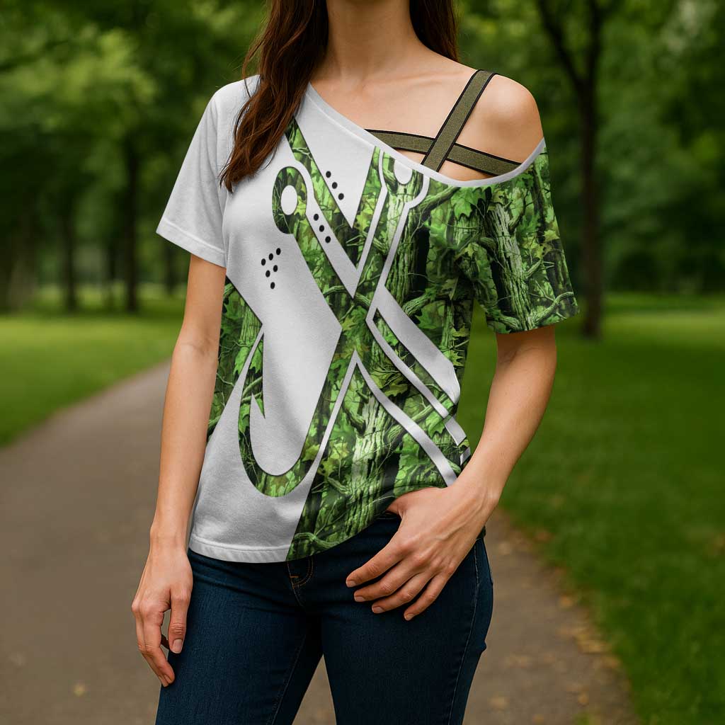 Custom Fishing Hook Cross Shoulder Shirt with Green Jungle Leaf Pattern and White Split Design - Wonder Print Shop