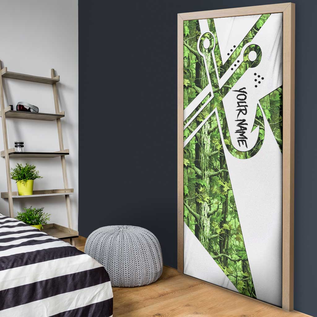 Custom Fishing Hook Door Cover with Green Jungle Leaf Pattern and White Split Design - Wonder Print Shop