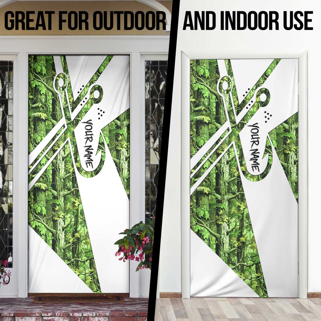 Custom Fishing Hook Door Cover with Green Jungle Leaf Pattern and White Split Design - Wonder Print Shop