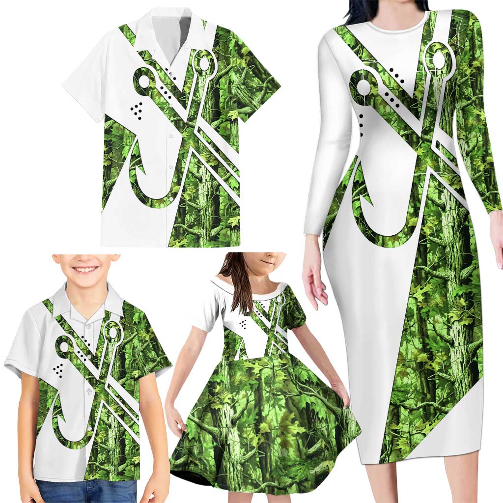 Custom Fishing Hook Family Matching Long Sleeve Bodycon Dress and Hawaiian Shirt with Green Jungle Leaf Pattern and White Split Design - Wonder Print Shop