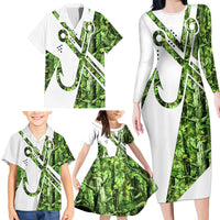 Custom Fishing Hook Family Matching Long Sleeve Bodycon Dress and Hawaiian Shirt with Green Jungle Leaf Pattern and White Split Design - Wonder Print Shop