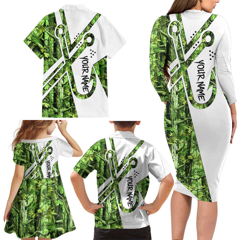 Custom Fishing Hook Family Matching Long Sleeve Bodycon Dress and Hawaiian Shirt with Green Jungle Leaf Pattern and White Split Design - Wonder Print Shop