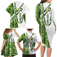 Custom Fishing Hook Family Matching Long Sleeve Bodycon Dress and Hawaiian Shirt with Green Jungle Leaf Pattern and White Split Design - Wonder Print Shop