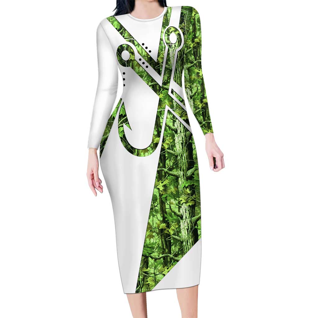 Custom Fishing Hook Family Matching Long Sleeve Bodycon Dress and Hawaiian Shirt with Green Jungle Leaf Pattern and White Split Design - Wonder Print Shop