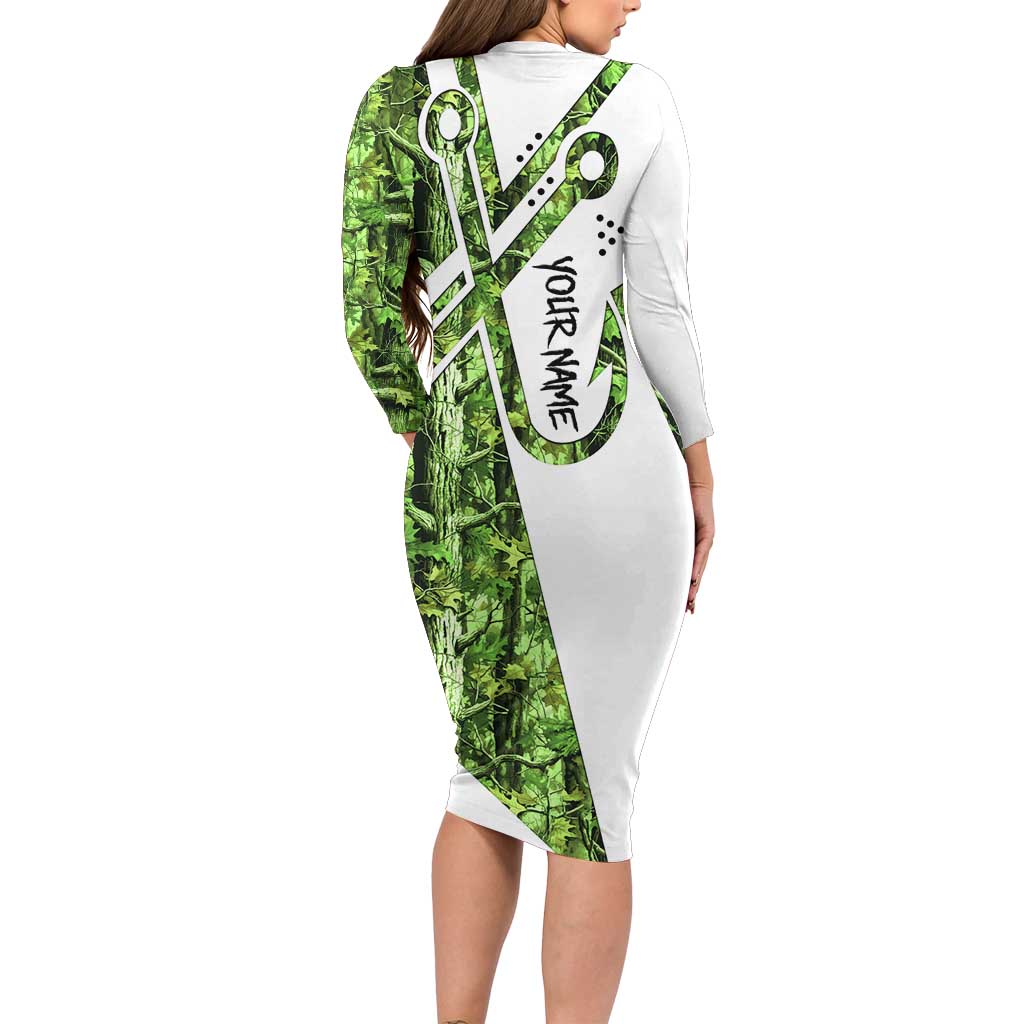 Custom Fishing Hook Family Matching Long Sleeve Bodycon Dress and Hawaiian Shirt with Green Jungle Leaf Pattern and White Split Design - Wonder Print Shop