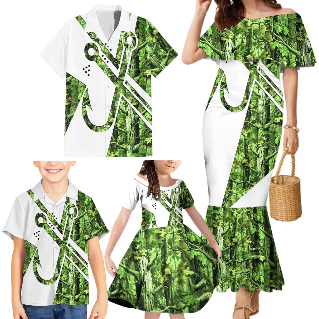 Custom Fishing Hook Family Matching Mermaid Dress and Hawaiian Shirt with Green Jungle Leaf Pattern and White Split Design - Wonder Print Shop