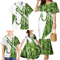 Custom Fishing Hook Family Matching Mermaid Dress and Hawaiian Shirt with Green Jungle Leaf Pattern and White Split Design - Wonder Print Shop