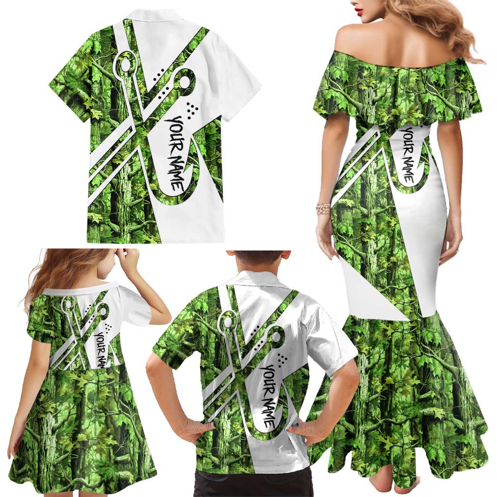 Custom Fishing Hook Family Matching Mermaid Dress and Hawaiian Shirt with Green Jungle Leaf Pattern and White Split Design - Wonder Print Shop