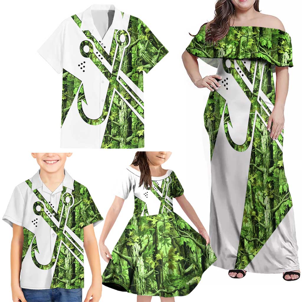 Custom Fishing Hook Family Matching Off Shoulder Maxi Dress and Hawaiian Shirt with Green Jungle Leaf Pattern and White Split Design - Wonder Print Shop