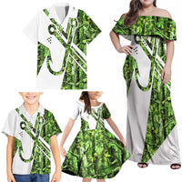 Custom Fishing Hook Family Matching Off Shoulder Maxi Dress and Hawaiian Shirt with Green Jungle Leaf Pattern and White Split Design - Wonder Print Shop