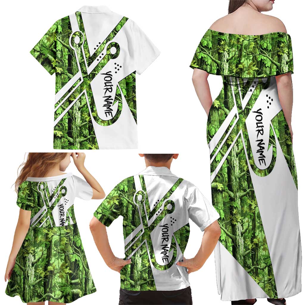 Custom Fishing Hook Family Matching Off Shoulder Maxi Dress and Hawaiian Shirt with Green Jungle Leaf Pattern and White Split Design - Wonder Print Shop