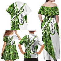 Custom Fishing Hook Family Matching Off Shoulder Maxi Dress and Hawaiian Shirt with Green Jungle Leaf Pattern and White Split Design - Wonder Print Shop