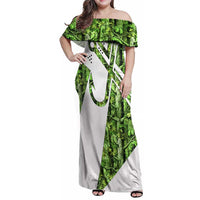 Custom Fishing Hook Family Matching Off Shoulder Maxi Dress and Hawaiian Shirt with Green Jungle Leaf Pattern and White Split Design - Wonder Print Shop