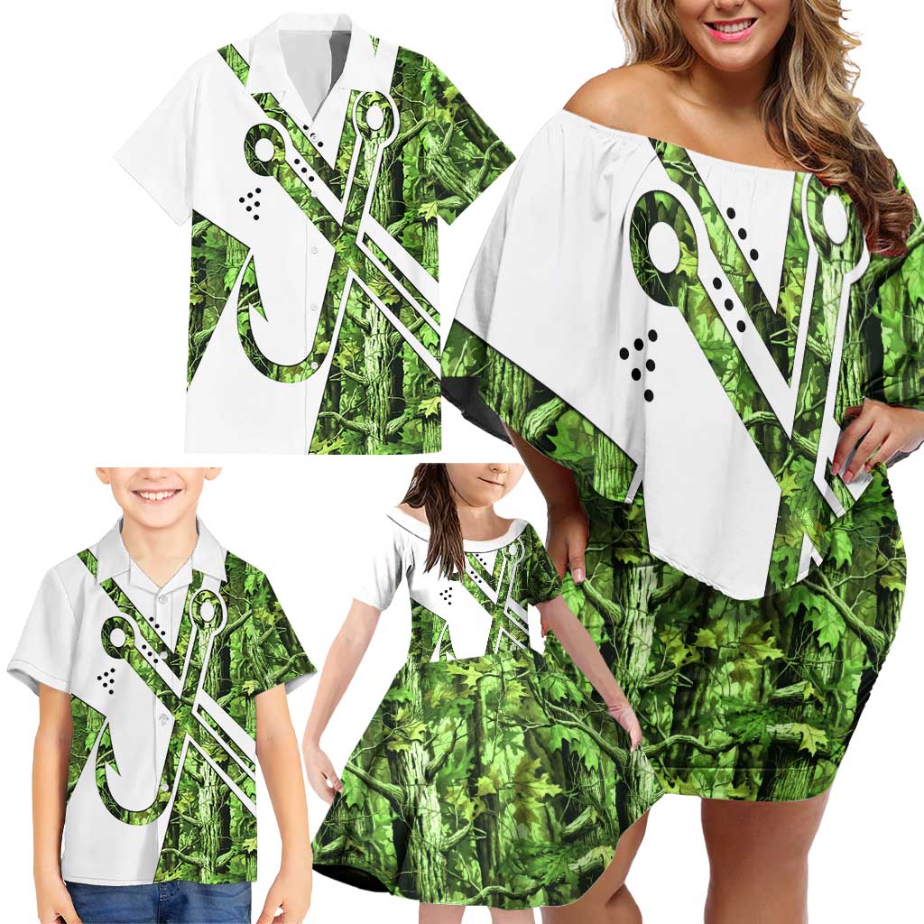 Custom Fishing Hook Family Matching Off Shoulder Short Dress and Hawaiian Shirt with Green Jungle Leaf Pattern and White Split Design - Wonder Print Shop
