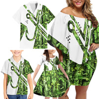 Custom Fishing Hook Family Matching Off Shoulder Short Dress and Hawaiian Shirt with Green Jungle Leaf Pattern and White Split Design - Wonder Print Shop