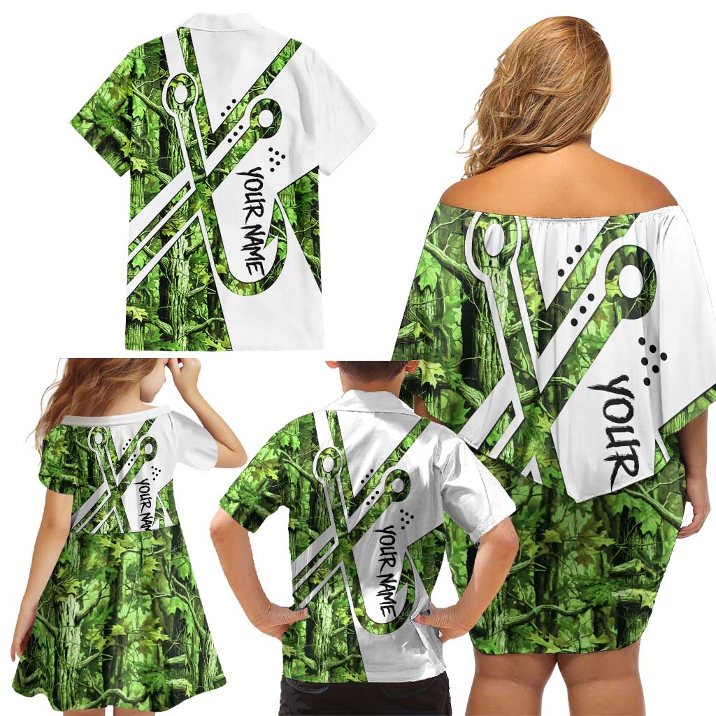 Custom Fishing Hook Family Matching Off Shoulder Short Dress and Hawaiian Shirt with Green Jungle Leaf Pattern and White Split Design - Wonder Print Shop