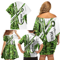 Custom Fishing Hook Family Matching Off Shoulder Short Dress and Hawaiian Shirt with Green Jungle Leaf Pattern and White Split Design - Wonder Print Shop