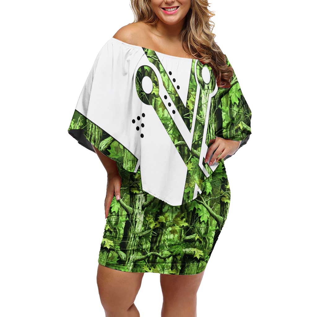 Custom Fishing Hook Family Matching Off Shoulder Short Dress and Hawaiian Shirt with Green Jungle Leaf Pattern and White Split Design - Wonder Print Shop