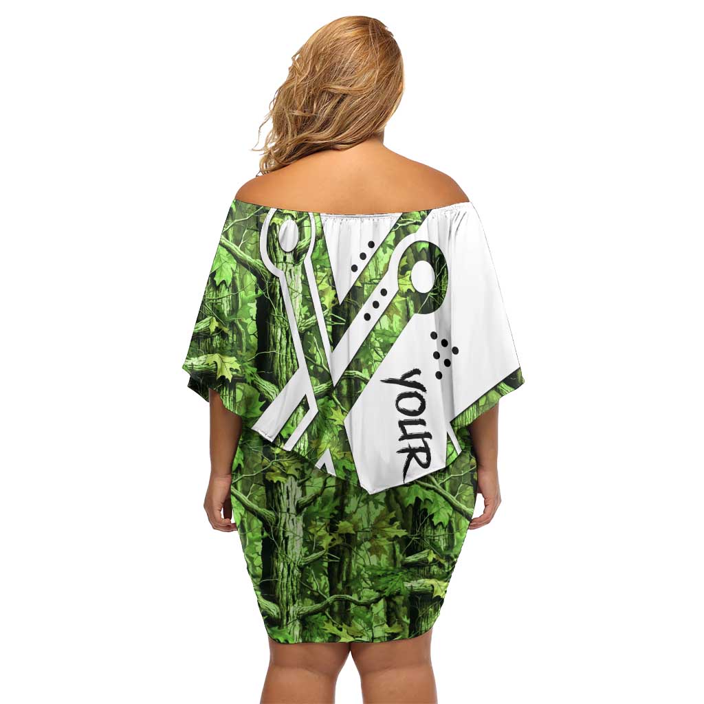 Custom Fishing Hook Family Matching Off Shoulder Short Dress and Hawaiian Shirt with Green Jungle Leaf Pattern and White Split Design - Wonder Print Shop