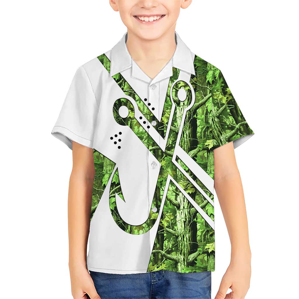 Custom Fishing Hook Family Matching Off Shoulder Short Dress and Hawaiian Shirt with Green Jungle Leaf Pattern and White Split Design - Wonder Print Shop