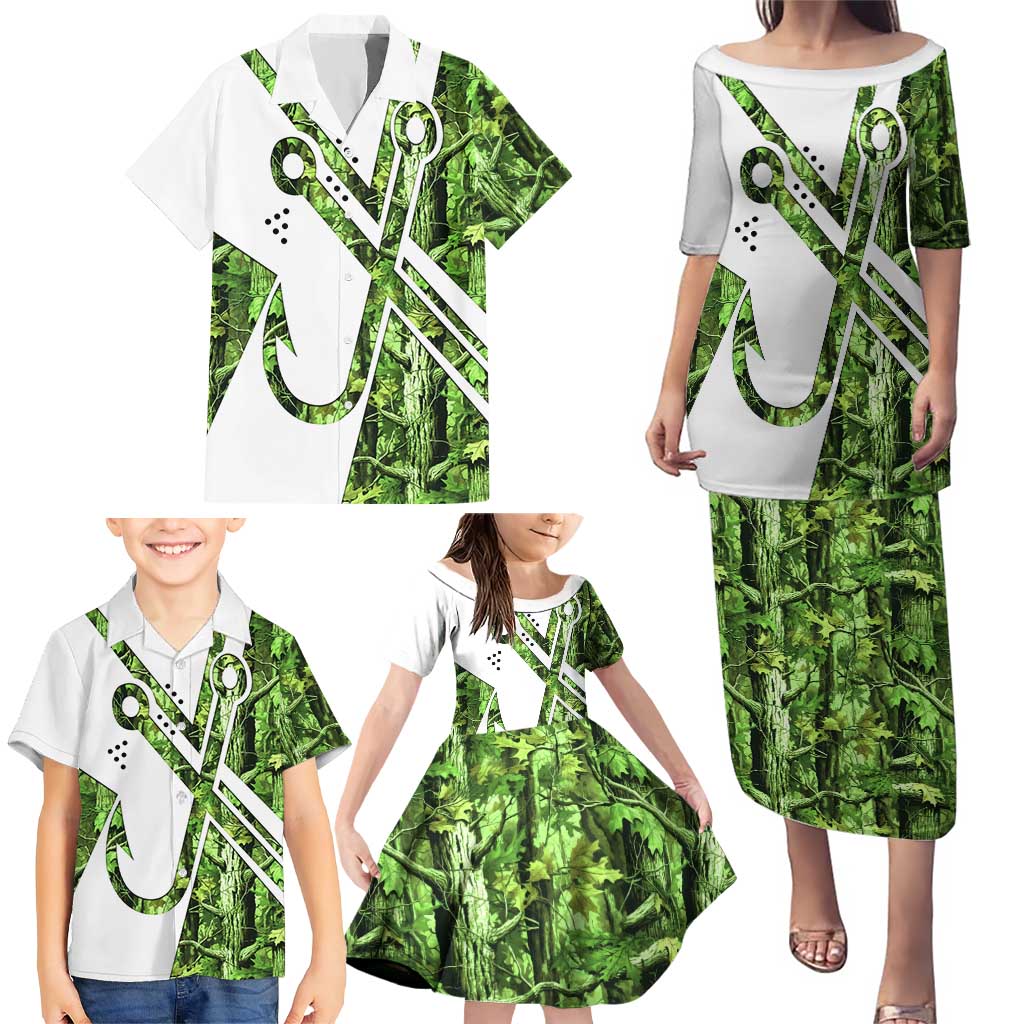 Custom Fishing Hook Family Matching Puletasi and Hawaiian Shirt with Green Jungle Leaf Pattern and White Split Design - Wonder Print Shop