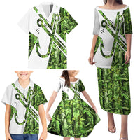 Custom Fishing Hook Family Matching Puletasi and Hawaiian Shirt with Green Jungle Leaf Pattern and White Split Design - Wonder Print Shop
