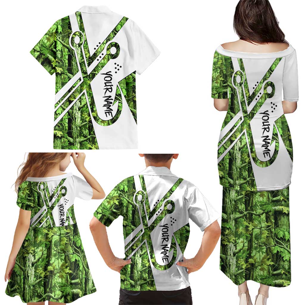 Custom Fishing Hook Family Matching Puletasi and Hawaiian Shirt with Green Jungle Leaf Pattern and White Split Design - Wonder Print Shop