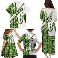 Custom Fishing Hook Family Matching Puletasi and Hawaiian Shirt with Green Jungle Leaf Pattern and White Split Design - Wonder Print Shop