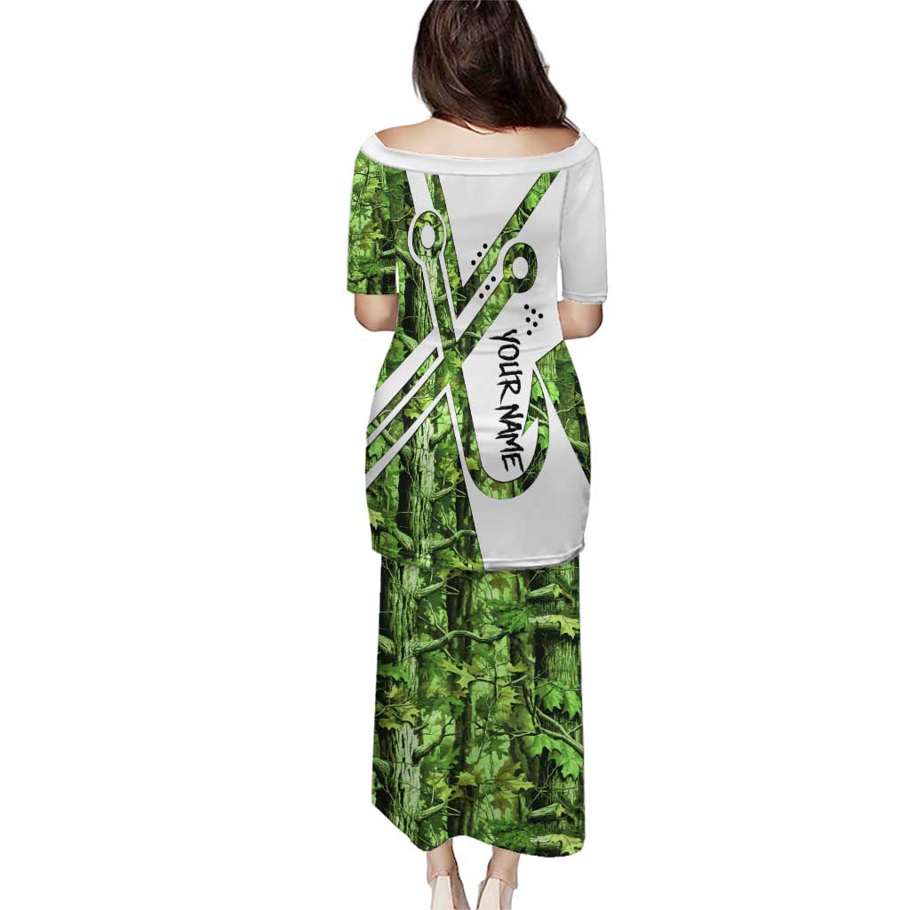 Custom Fishing Hook Family Matching Puletasi and Hawaiian Shirt with Green Jungle Leaf Pattern and White Split Design - Wonder Print Shop