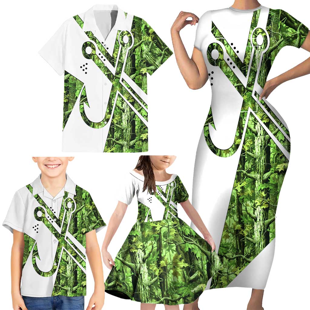 Custom Fishing Hook Family Matching Short Sleeve Bodycon Dress and Hawaiian Shirt with Green Jungle Leaf Pattern and White Split Design - Wonder Print Shop