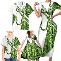 Custom Fishing Hook Family Matching Short Sleeve Bodycon Dress and Hawaiian Shirt with Green Jungle Leaf Pattern and White Split Design - Wonder Print Shop