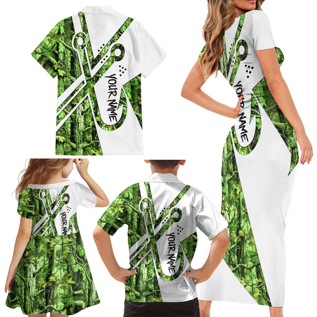Custom Fishing Hook Family Matching Short Sleeve Bodycon Dress and Hawaiian Shirt with Green Jungle Leaf Pattern and White Split Design - Wonder Print Shop