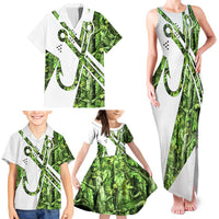 Custom Fishing Hook Family Matching Tank Maxi Dress and Hawaiian Shirt with Green Jungle Leaf Pattern and White Split Design - Wonder Print Shop