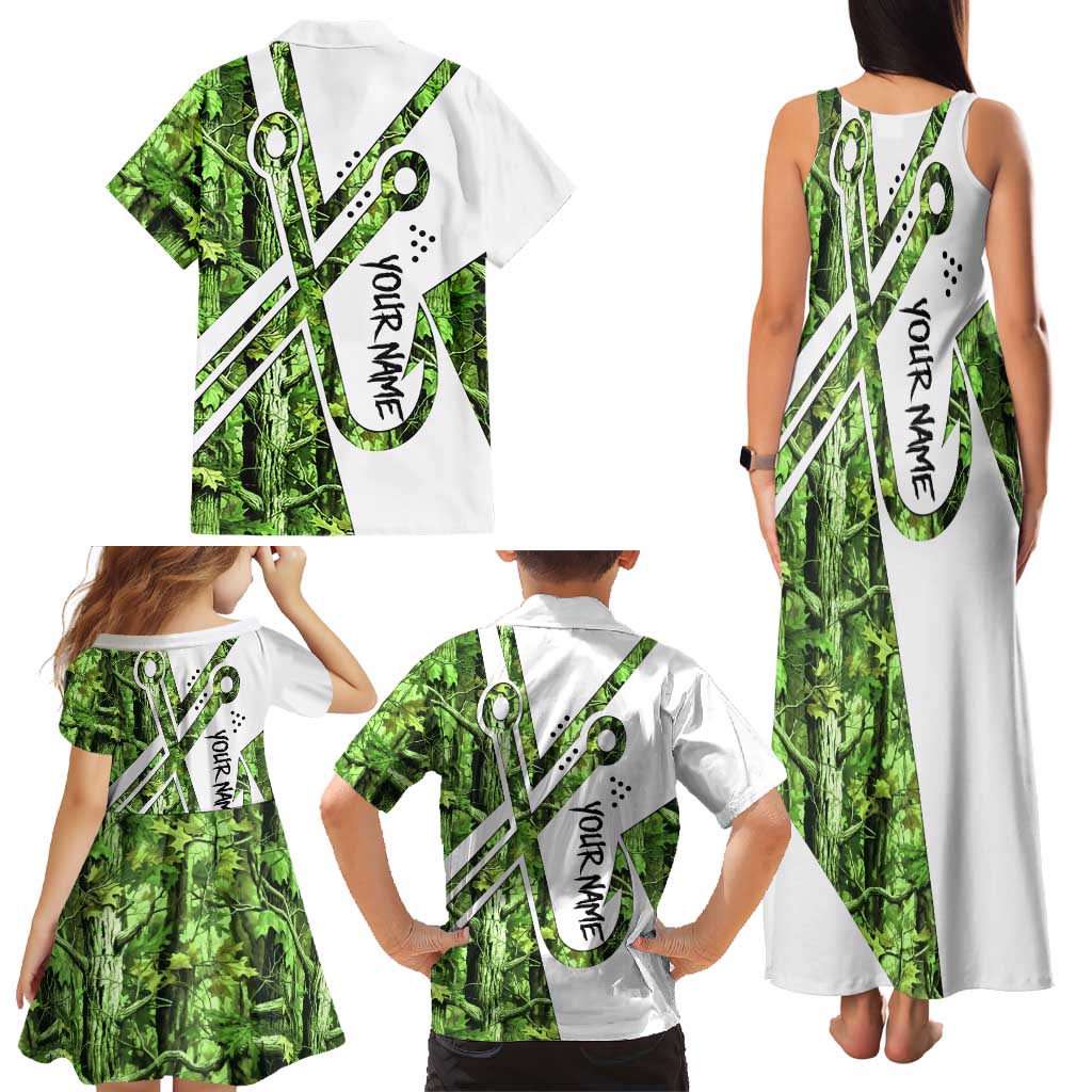 Custom Fishing Hook Family Matching Tank Maxi Dress and Hawaiian Shirt with Green Jungle Leaf Pattern and White Split Design - Wonder Print Shop