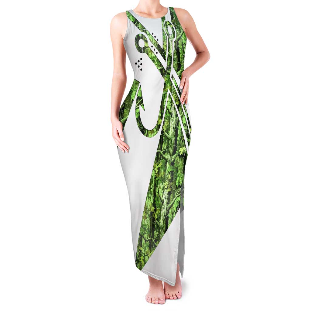 Custom Fishing Hook Family Matching Tank Maxi Dress and Hawaiian Shirt with Green Jungle Leaf Pattern and White Split Design - Wonder Print Shop