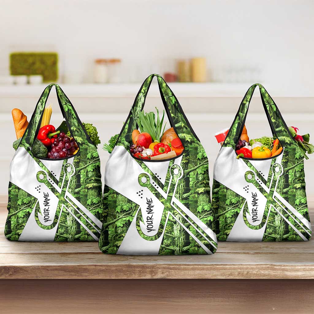 Custom Fishing Hook Grocery Bag with Green Jungle Leaf Pattern and White Split Design - Wonder Print Shop