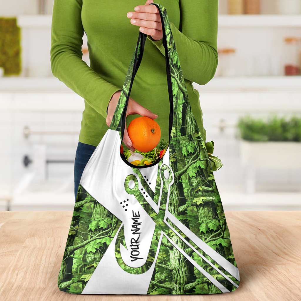 Custom Fishing Hook Grocery Bag with Green Jungle Leaf Pattern and White Split Design - Wonder Print Shop