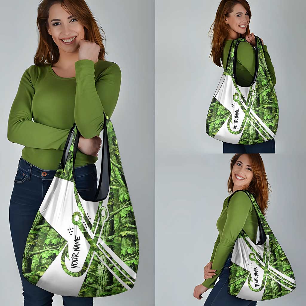 Custom Fishing Hook Grocery Bag with Green Jungle Leaf Pattern and White Split Design - Wonder Print Shop