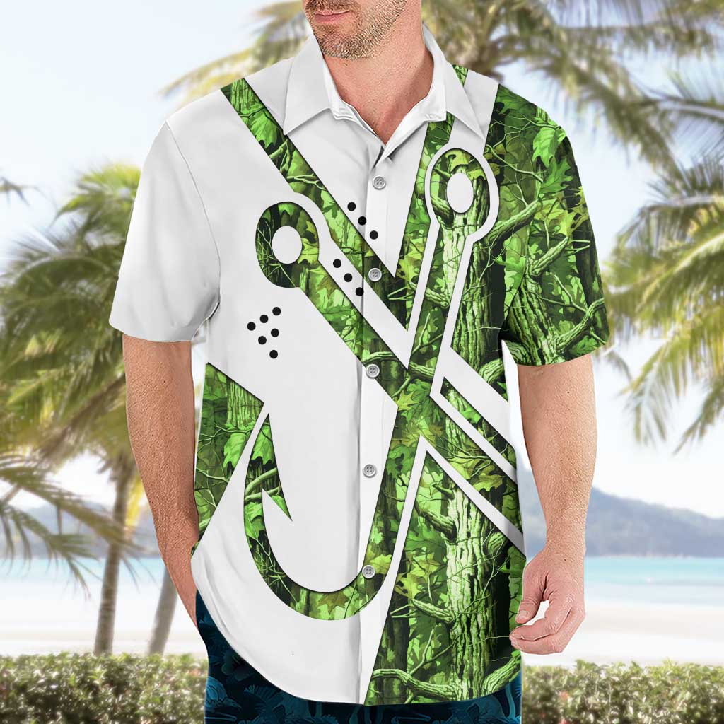 Custom Fishing Hook Hawaiian Shirt with Green Jungle Leaf Pattern and White Split Design - Wonder Print Shop