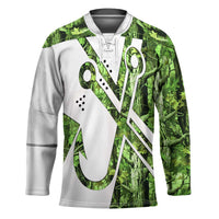 Custom Fishing Hook Hockey Jersey with Green Jungle Leaf Pattern and White Split Design - Wonder Print Shop
